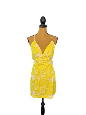 Maeve Anthropologie Yellow Lace Mini Dress 10 Open Back Cutout Euro Summer